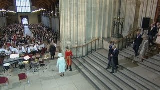 Royal trumpet fanfare as the Queen and her family arrive at Westminster Hall for lunch [upl. by Ado]