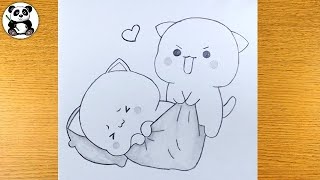 Two cute cat couple pencil drawing  cute art  easy arts  drawing for kids [upl. by Adria]