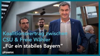 Unterzeichnung des Koalitionsvertrages von CSU  Freie Wähler mit Söder und Aiwanger [upl. by Alida]