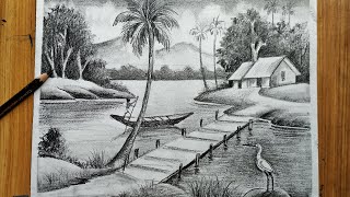 how to draw easy pencil sketch scenery landscape pahar and river side scenery drawing [upl. by Sinclair354]