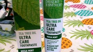 Desert Essence Natural Tea Tree Oil Toothpaste Mega MintGLUTEN FREE REVIEW [upl. by Ylellan]