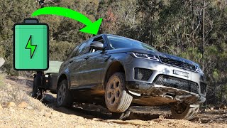 Electric powered Range Rover PHEV tows offroad [upl. by Idur119]