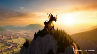 dragon perched on a mountain peak looking down on the kingdom it has conquered The setting sun cas [upl. by Ybbil]