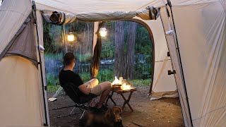 Gloomy SOLO Camping in RAIN and THUNDER  relaxing in a cosy shelter by the Creek storm ASMR [upl. by Girvin]