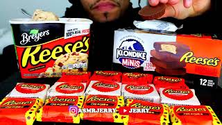 REESES CANDY ICE CREAM PEANUT BUTTER CUPS PIECES KLONDIKE SNACK BARS ASMR MUKBANG BIG BITES JERRY [upl. by Mall946]