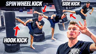 KICK TUTORIAL HOW TO Side Kick Hook Kick amp Spin Wheel Kick [upl. by Ainaj]