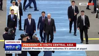 Kazakh President KassymJomart Tokayev welcomed Chinese President Xi Jinping at an airport in Astana [upl. by Harbert]