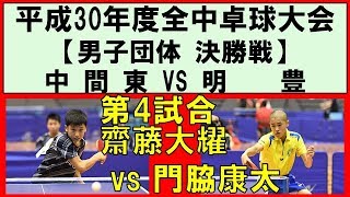 【卓球全中】齋藤大耀中間東vs門脇康太明豊 平成30年度全国中学校卓球大会 男子団体決勝戦 第4試合 [upl. by Doralynne81]