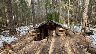 MY LOG CABIN UNDERGROUND SURVIVED THE SPRING FLOOD I VISITED COZY SHELTER IN THE WILD FOREST [upl. by Nashom]