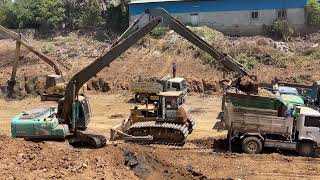 Excavator actions Rehabilitation and digging of canals operated by various machines Dump Trucks [upl. by Lyrahc299]