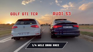 14 mile Drag Race Audi S3 vs Golf GTi TCR dragrace carwow cars f1 audisport vw gti race [upl. by Acirfa]