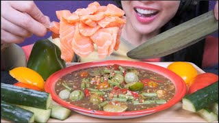 SALMON SASHIMI SPICY WAY IS THE ONLY  FRESH VEGGIES ASMR EATING SOUNDS NO TALKING  SASASMR [upl. by Lawlor972]