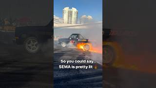 HOLY FIREEE 🔥 burnout skidpad skids fire burnouts sema sema2024 semashow lasvegas vegas [upl. by Tamar]