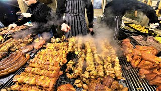 Street Food in Krakow Poland Huge Grill Kielbasa Sausages Pork Knuckles Skewers Steaks [upl. by Sheridan]