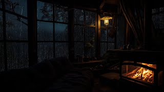 Rainy Night Sounds in Cabin Room with a Cozy Fireplace helps to Relax Sleep and Stress Relief [upl. by Nnaj]