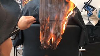 California Hair Stylist Sets Clients Hair on Fire to Get Rid of Split Ends [upl. by Elyag]