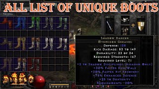 Diablo II Resurrected  All List of Unique Boots From Normal and Exceptional [upl. by Squire]