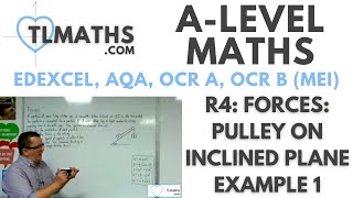 ALevel Maths R420 Forces Pulley on Inclined Plane Example 1 [upl. by Uis]