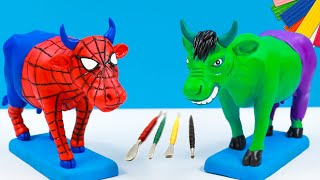 DIY Vaca mezcló superhéroes hombre araña y Hulk con Arcilla  Super Clay Es [upl. by Innes]