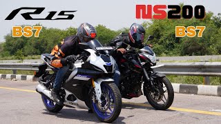 Yamaha R15M BS7 vs Bajaj Pulsar NS200 BS7 Drag Race [upl. by Ynnos524]