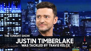 Justin Timberlake Was Tackled by Travis Kelce at a Golf Invitational  The Tonight Show [upl. by Macegan620]