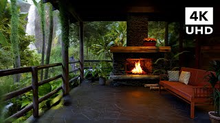 Cozy porch in the rainforest  Soothing sound of rain waterfall and crackling fire  8 Hours  4K [upl. by Yahsan14]