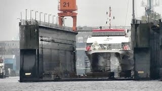 Emden Port shipyard area Floating Island Ferries in docks Schiffe im Dock Baudock Germany [upl. by Ute]