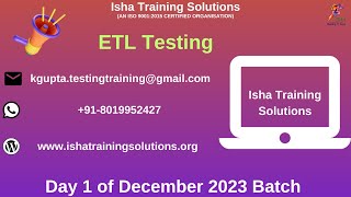 ETL Testing Day 1 Video On 27th December 2023Call or WhatsApp us on 918019952427 to Enroll [upl. by Eelydnarb]