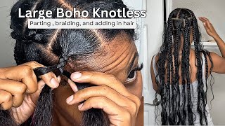 Large Boho Knotless Braids Tutorial  BEGINNER  PartingBraiding amp How To Feed In The Hair  JusBTV [upl. by Yvette]