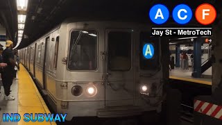 🅩 NYC Subway AC and F Train Action at Jay St  MetroTech IND Subway [upl. by Yeldar239]