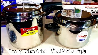 Prestige Deluxe Alpha Vs Vinod Platinum Triply Cooker  Prestige Steel Cooker  Vinod Steel Cooker [upl. by Grewitz410]