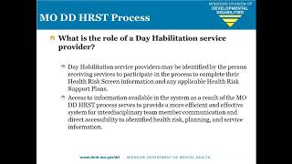 Missouri Division of Developmental Disabilitys Health Risk Screening Tool HRST Process Day Habili [upl. by Leeda]