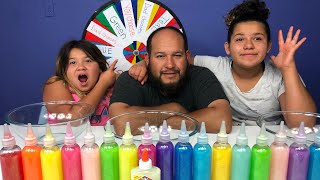 3 COLORS OF GLUE SLIME CHALLENGE MYSTERY WHEEL OF SLIME EDITION WITH OUR DAD PART 2 [upl. by Selby]