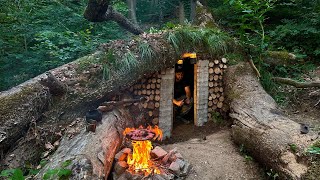 Building of a secret dugout under a fallen tree  Bushcraft Survival Camping  Outdoor Cooking [upl. by Finlay]