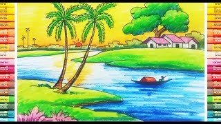 How to Draw a Village Sunrise Scenery  Beautiful Nature Drawing Painting  Step by Step [upl. by Tybi53]