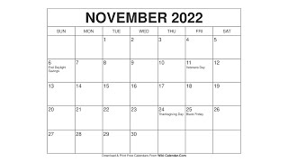 Printable November 2022 Calendar Templates with Holidays  Wiki Calendar [upl. by Rahman]