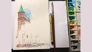 Pen and watercolor  Toronto Gooderham Building I left a lot of white spaces [upl. by Atinahs]