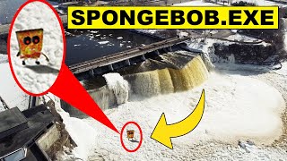 DRONE CATCHES SPONGEBOBEXE AT WATERFALL  SPONGEBOBEXE CAUGHT ON DRONE IN REAL LIFE [upl. by Peter]