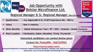 Hiring Regional Manager and SrRegional Manager  Company Name  Belstar Micro Finance Ltd [upl. by Ecirtemed]