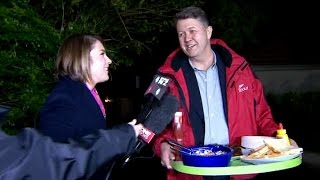 David Cunliffe offers steak to reporters outside his house [upl. by Aremat]