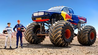 F1 Drivers Race HUGE Mega Trucks Max Verstappen vs Yuki Tsunoda [upl. by Ellehsem]