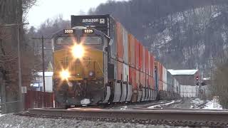 CSX Train Locomotive Engine 3325 and 3395 DPU Westbound Intermodal Snow Covered West Newton Pa [upl. by Hayley]