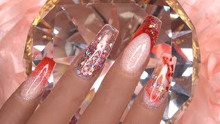 Acrylic Nails Tutorial  How To Encapsulated Red Glitter Acrylic Nails  Marble Nails [upl. by Audris]