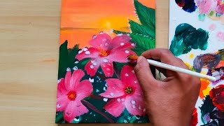 Sunset by the lake painting white flowers painting  easy acrylic painting for beginners [upl. by Llerrac]