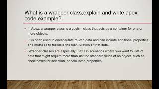 Salesforce developer interview questions part 12 Apex 2024 What are wrapper class in salesforce Apex [upl. by Warrick754]