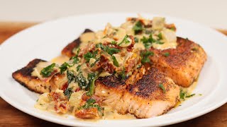 BLACKENED SALMON SMOTHERED IN TUSCAN CREAM SAUCE [upl. by Peper366]