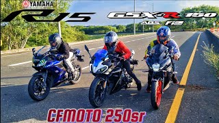 CFMOTO 250sr 🆚 Yamaha R15 v3 🆚 Suzuki GSXR 150 Batalla Definitiva 🚨😳 [upl. by Yarased]