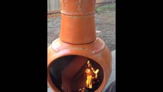 Chiminea or Kiva fire my first one in the new clay chimney outdoor fireplace [upl. by Thorrlow]