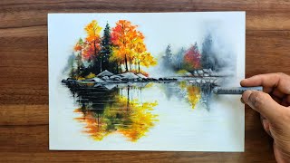 Autumn landscape with lake Easy and beautiful oil pastel drawing for beginners [upl. by Delmore]