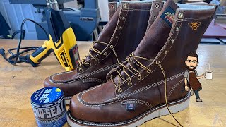 Waterproofing Leather Boots Applying SnoSeal to Thorogood Work Boots [upl. by Herwick468]